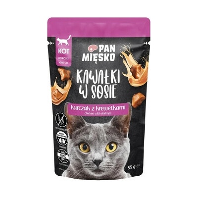 PAN MIĘSKO Kuřecí kousky v omáčce s krevetami krmivo pro kočky 85 g