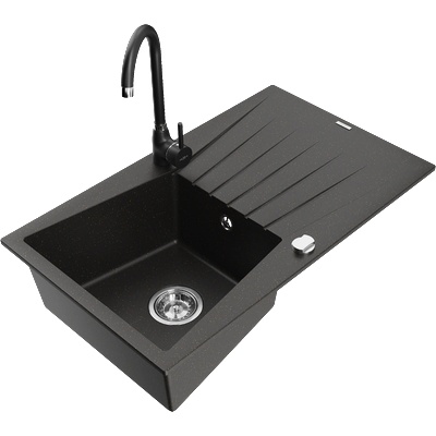 Mexen Cesar гранитна мивка 1-компонентна с отцедник и кухненски смесител Telma, черен/златист - 6514-75-670200-70 (6514-75-670200-70)