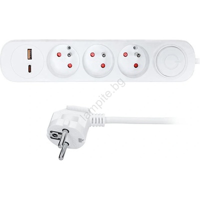 Solight PP113PD20 - Разклонител с ключ, 3 гнезда и USB A+C за зареждане, 5 м (SL1770)