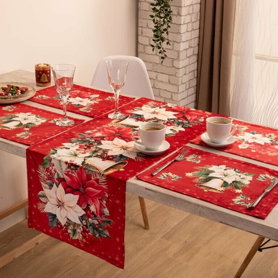 decoDoma Sada 4 ks prostírání a stolního běhounu RED POINSETTIA – Zboží Dáma