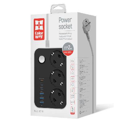 ColorWay s prepäťovou ochranou 3 zásuvky / 6 USB (3× USB-A + 3× USB-C PD 20W),2 m, čierny (CW-CHE36PDB)