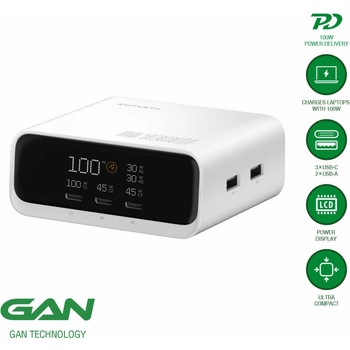 4smarts Захранване за ел. мрежа за лаптопи, смартфони и таблети с 2xUSB-A и 3xUSB-C изходи с технология за бързо зареждане - 4smarts Desk Charger GaN Screen 100W (бял) (546100)