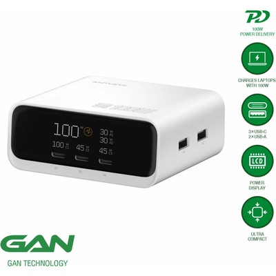 4smarts Захранване за ел. мрежа за лаптопи, смартфони и таблети с 2xUSB-A и 3xUSB-C изходи с технология за бързо зареждане - 4smarts Desk Charger GaN Screen 100W (бял) (546100)