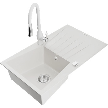 Mexen Cesar гранитна мивка с 1 отделение с дренаж и кухненски смесител Savita, бял - 6514-20-672601-20 (6514-20-672601-20)