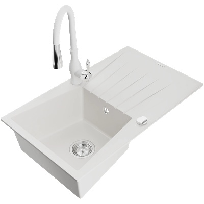 Mexen Cesar гранитна мивка с 1 отделение с дренаж и кухненски смесител Savita, бял - 6514-20-672601-20 (6514-20-672601-20)