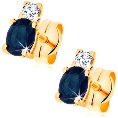 Šperky eshop ve žlutém zlatě zářivý čirý diamant a oválný modrý safír BT501.06