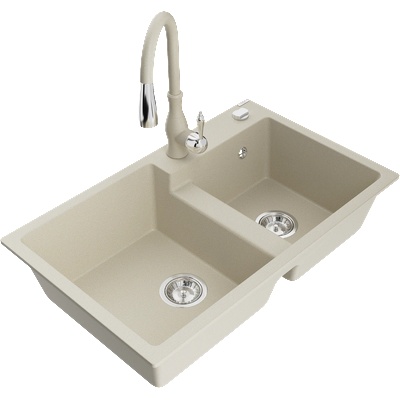 Mexen Tomas гранитна мивка с 2 отделения и кухненски смесител Savita, бежов - 6516-69-672601-69 (6516-69-672601-69)