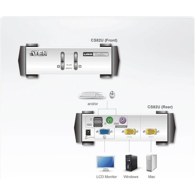 Aten CS-82U-AT 2-Port PS/2-USB KVM Switch, 2x Custom KVM Cable sets, Non-powered