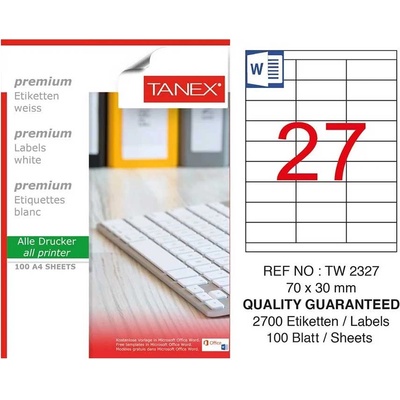 Tanex Самозалепващи етикети, A4, 70 х 30 mm, 27 броя, 100 ли (1540100086)