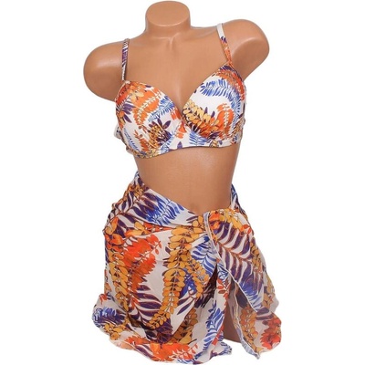 Комплект бански с парео в цвят екрю с цветни листа