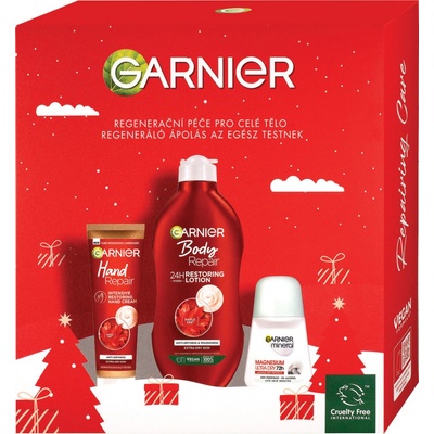 Garnier Body & Hand regeneračné telové mlieko pre veľmi suchú pokožku 400 ml + antiperspirant roll-on 50 ml + obnovujúci krém na ruky 75 ml