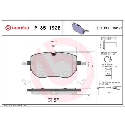 Sada brzdových platničiek, vždy 4 kusy v sade BREMBO P 85 192E (P85192E)