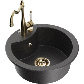 Mexen Diego гранитна мивка с 1 камера с кухненски смесител Carla, черен накапчан - 6512-76-670700-50 (6512-76-670700-50)