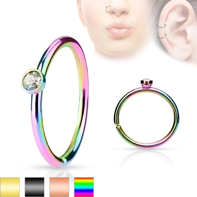 Šperky eshop ocelový piercing tenký lesklý kroužek zdobený drobným čirým zirkonem W01.16 Duhová