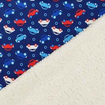 Softshell s beránkem modrý, autíčka, š.145