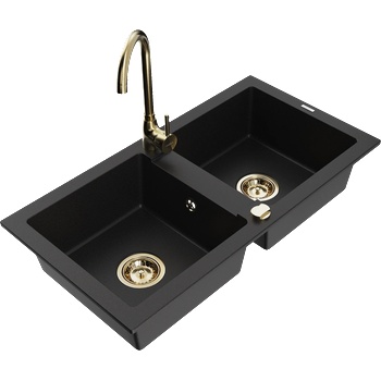 Mexen Mario гранитна мивка с 2 отделения и кухненски смесител Telma, черен - 6504-77-670200-50 (6504-77-670200-50)