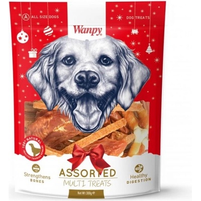Wanpy Christmas Packs - Коледен микс от най-предпочитаните лакомства за кучета, пилешко филе, калциеви кокалчета, пилешки саламчета и пилешки ленти 300 гр