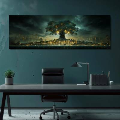 Obraz na plátně - Kybernetická symbióza Strom života a městská krajina FeelHappy.cz Vyberte rozměr obrazu (šířka x výška): 60 x 20 cm