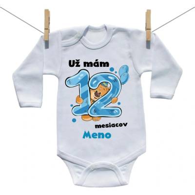 Boodyy Body s dlhým rukávom Už mám 12 mesiacov s Medvedíkom a menom dieťatka Chlapec