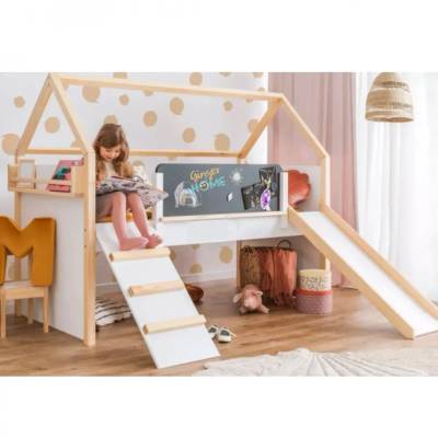 Детско, двуетажно легло-къщичка Монтесори - Ginger Home - пързалка, черна дъска, с подматрачна рамка, 90х200 см