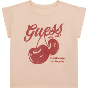 GUESS Тениска в прасковен цвят за момиче с черешки с глитери Guess
