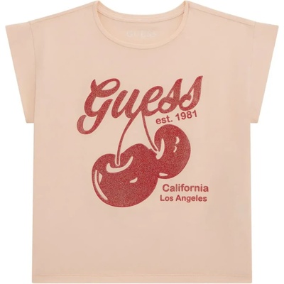 GUESS Тениска в прасковен цвят за момиче с черешки с глитери Guess