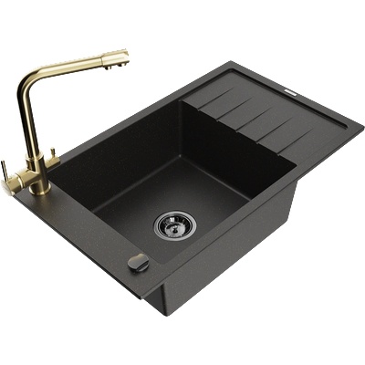 Mexen Elias гранитна мивка с 1 камера с дренажен плот и кухненски смесител Duero, черен/златен металик - 6511-75-671600-50-B (6511-75-671600-50-B)
