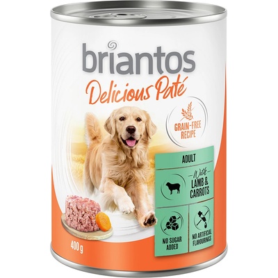 Briantos 22 + 2 подарък! 24 x 400 г Briantos Delicious Paté консервирана храна за кучета - агнешко с моркови