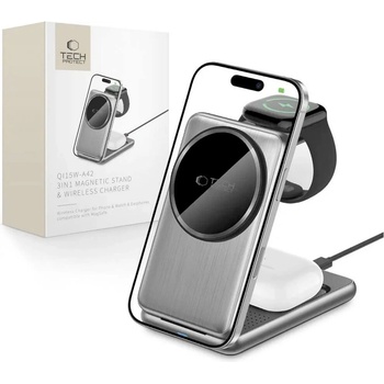 Tech-Protect 3-in-1 Inductive Wireless Charging Station Qi15W-A42 - сгъваема тройна поставка (пад) за безжично зареждане за iPhone с Magsafe, Apple Watch и AirPods (тъмносив)
