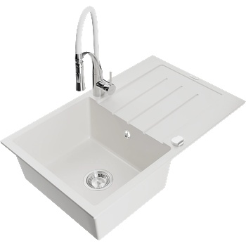 Mexen Bruno гранитна мивка 1-камерна с отцедник и кухненски смесител Aster, бял - 6513-20-73450-02 (6513-20-73450-02)