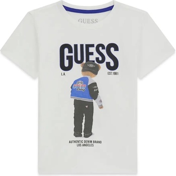GUESS Бяла тениска за мини момче с голямо цветно мече и черен надпис Guess