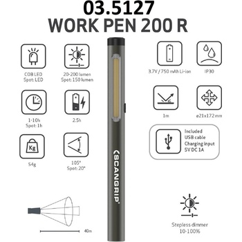 SCANGRIP Led cob фенерче 200 лумена с две светлини ( предна и горна) ; scangrip 03.5127