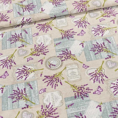 Směsové plátno LEVANDE LILA, levandule s motýlky, fialová na béžové, š.140cm (látka v metráži)