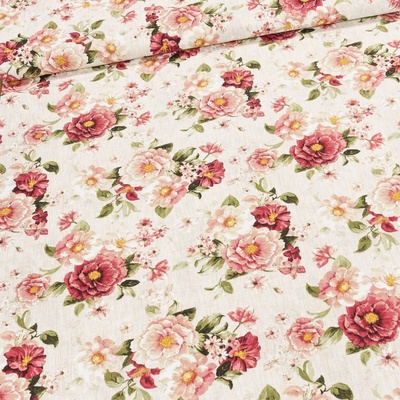 Směsové plátno DADA ROSO, růžové šípkové růže na režné, š.140cm (látka v metráži)