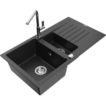 Mexen Matias гранитна мивка с 1, 5 камери с отцедник и кухненски батерия Flora, черно/сребърно - 6502-73-670401-00 (6502-73-670401-00)