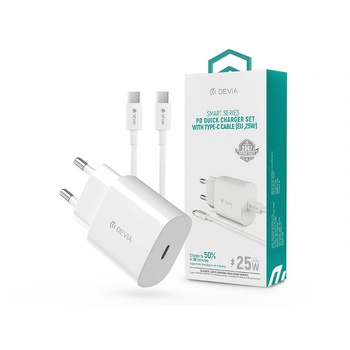 DEVIA hálózati töltő adapter Type-C bemenettel + Type-C - Type-C adatkábel - 25W - Devia Smart Series PD Quick Charger Set - fehér (ST383373) (ST383373) (ST383373)