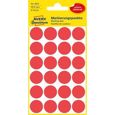 Avery-Zweckform Етикет, 18 мм, кръгъл, avery zweckform, червен, 96 етикета в опаковка 3004 (3004)