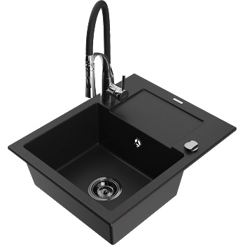 Mexen Enzo гранитна кухненска мивка с 1 отделение с отцедник и кухненски смесител Aster, черен - 6506-77-73450-07-B (6506-77-73450-07-B)