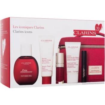 Clarins Aroma Eau Dynamisante подаръчен комплект: eau de soin 50 ml + крем за лице Beauty Flash Balm 50 ml + масло за устни Lip Comfort Oil 7 ml 03 Cherry + крем за ръце Hand And Nail Treatment Cream 30 ml + спирала Wonder Perfect Mascara 4D 3 ml 01 Perfe