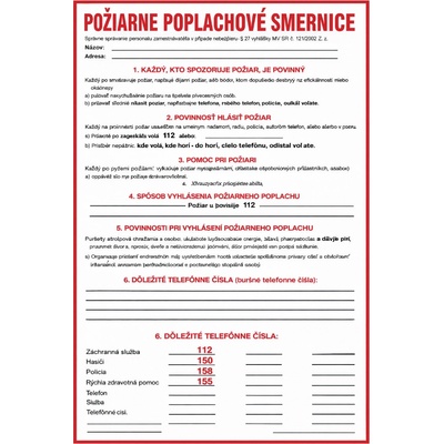 PHT a.s. Tabuľka Požiarne poplachové smernice