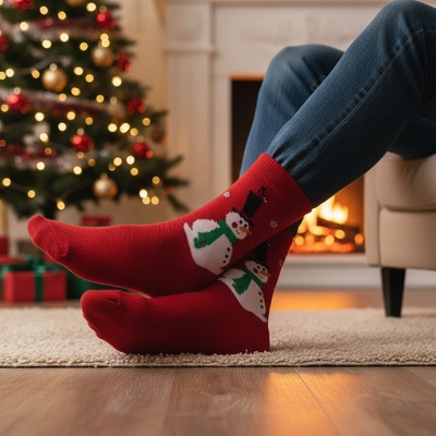 Мъжки вълнени чорапи в червено със снежен човек