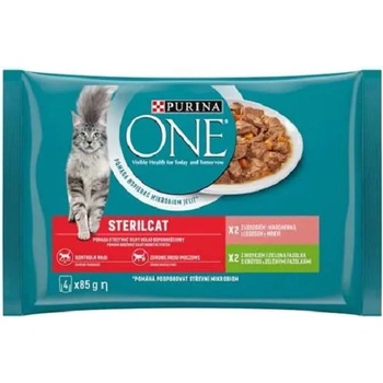 PURINA ONE Sterilcat mini filetky s morkou a zelenými fazuľkami s lososom a mrkvou v šťave 4 x 85 g