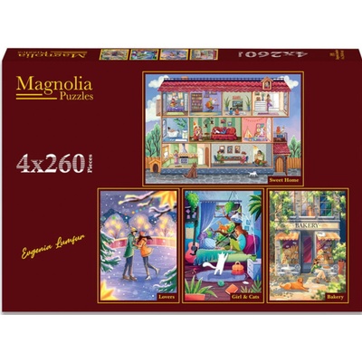Magnolia - Puzzle 4x260 Evgenia Lumfur: Sweet Home, Lovers, Girl and Cats, Bakery - 260 piese