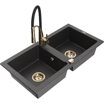 Mexen Mario мивка от гранит с 2 камери с кухненски смесител Aster, черен на пръски - 6504-76-73450-57-G (6504-76-73450-57-G)