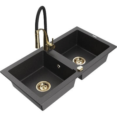 Mexen Mario мивка от гранит с 2 камери с кухненски смесител Aster, черен на пръски - 6504-76-73450-57-G (6504-76-73450-57-G)