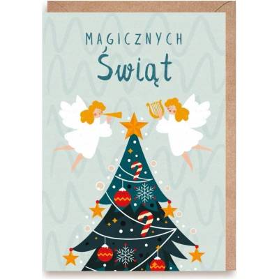 Vianočná pohľadnica s anjelikmi a vianočným stromčekom "Magické Vianoce"