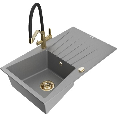 Mexen Cesar еднокоморна кухненска мивка от гранит с отцедник и кухненски смесител Duo, сив - 6514-71-671701-57-G (6514-71-671701-57-G)