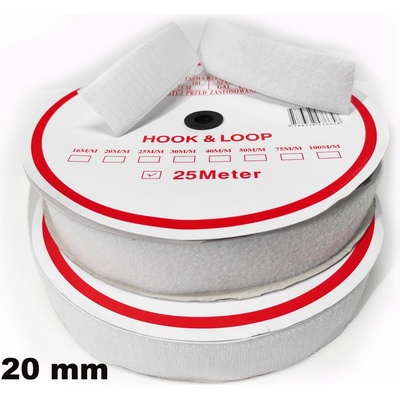 Pásek na suchý zip našívací HÁČEK a SMYČKA SET bílý 20 mm x 25 bm