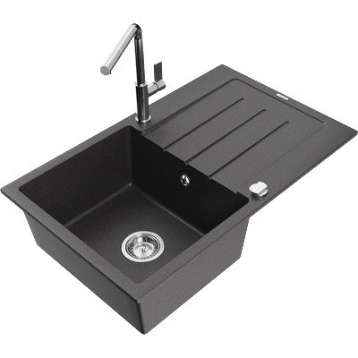 Mexen Bruno гранитна мивка с 1 камера, сушилник и кухненски смесител Flora, черна на точки - 6513-76-670401-00 (6513-76-670401-00)