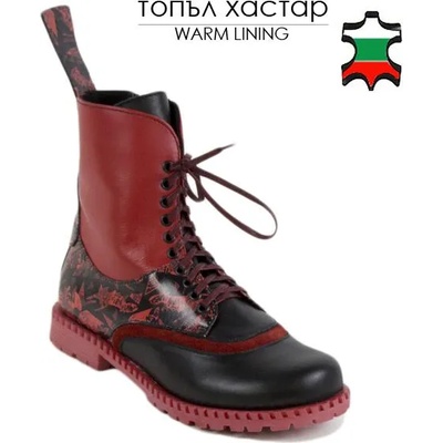 Български обувки Дамски боти от естествена кожа в черно и червено 20386